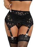 ohyeahlady Strapsgürtel Breit Stretch Damen Spitze Strumpfhalter mit Clips Strapsen Dessous Set Große Größen Strumpfgürtel Mesh Garter Belt Lingerie Set mit 4 Halter und G-String Schwarz M-L