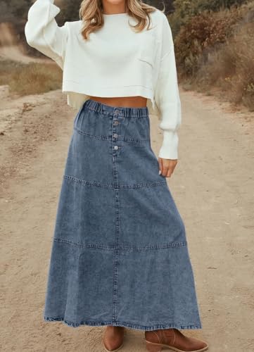 loveimgs Women Casual Denim Maxi Skirt Elastic High Waist Tiered A Line Long Jean Skirt Y2k Western Patchwork 20252