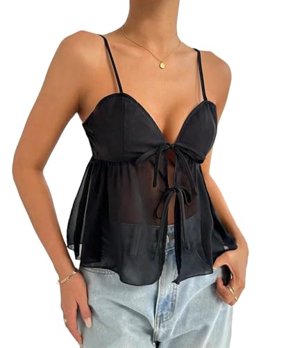 LOFAAC Women Sexy Spaghetti Strap Tie Front Chiffon Crop Tank Top Sexy Sleeveless Backless V Neck Split Lace Up Crop Top