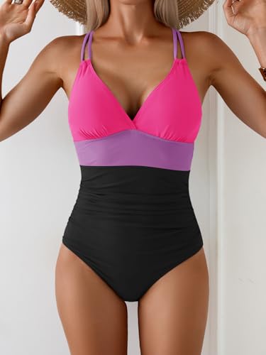 Image of Aidonger Women's One Piece Color Block Swimsuit Tummy Control Slimming Bathing Suit V Neck Cutout High Waisted Swimwear