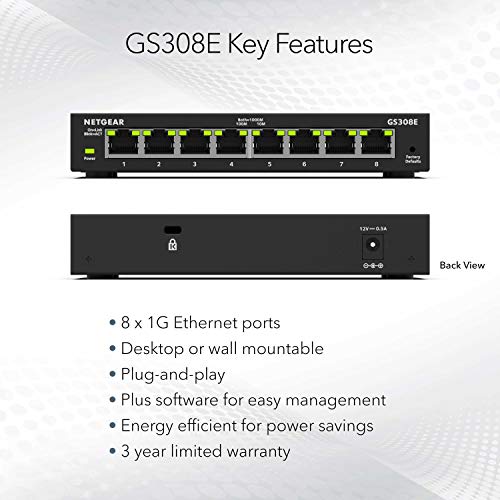 Image of NETGEAR 8-Port Gigabit Ethernet Plus Switch (GS308E) - Desktop or Wall Mount, Home Network Hub, Office Ethernet Splitter, Silent Operation