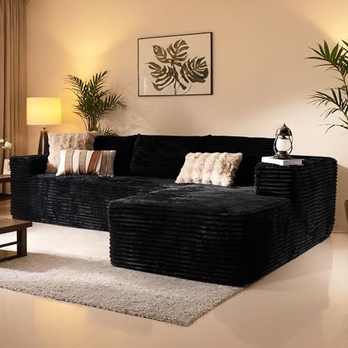 106' Cloud Sectional Couch with Chaise Lounge,L Shaped Modular Modern Sofa,Comfy Corduroy Fluffy Couches with Deep Seat,No Assembly Required Couch for Living Room(Right,Plush Corduroy,Black)