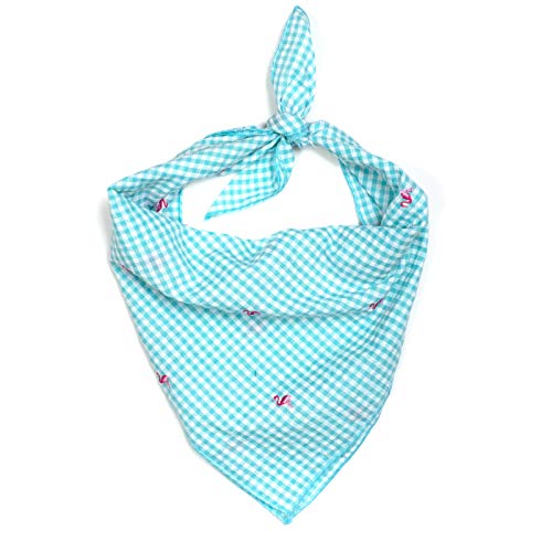 The Worthy Dog Gingham Embroidered Flamingos Classic Square Tie-On Bandana, Comfortable Cotton Fabric, Cute, Durable Accessories for Dogs, Small - Aqua