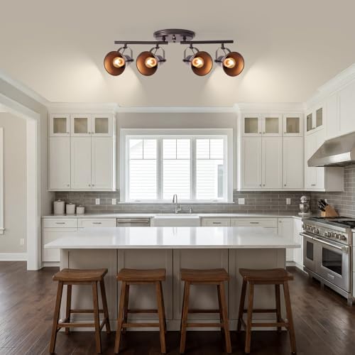 Image of 4-Light Brown Track Lighting Fixtures Ceiling, Directional Ceiling Spotlight with 4 Rotatable Heads, Modern Industrial Flush Mount Ceiling Light for Kitchen Island, Dining Room, Hallway