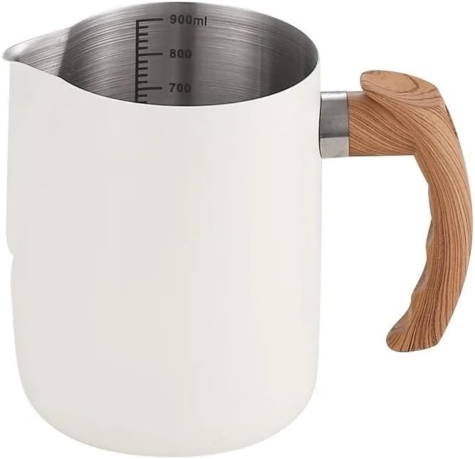 600/900ML Coffee Milk Frothing Pitcher 304 Stainless Steel Latte Cup with Wooden Handle Tool for Making(900ML,Whiet)