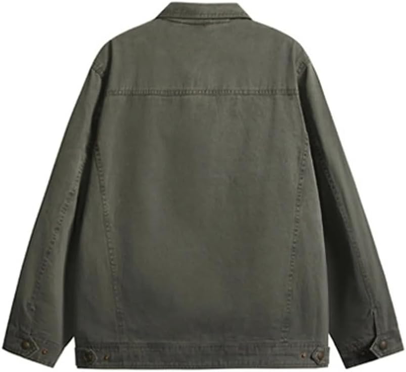 Men Retro Long Sleeves Work Jacket Loose Cotton Zip Up Casual Utility Fall Outerwear