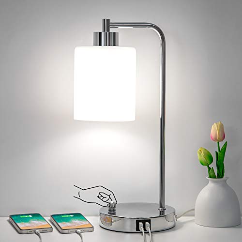 Dimmable Bedside Lamp with Dual USB Charging Ports, Modern Side Table Lamp USB Nightstand Lamp with Milky Glass Shade Bedside Reading Lamp for Bedroom, Study Room, Office, 6W 4000K LED Bulb Included