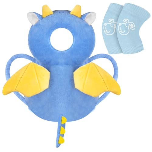 Vicloon Protector de Cabeza para Bebe, Cojín Protector Seguridad Bebe con Rodilleras, Ajustable Almohada Protección Bebe, Protección para Cabeza y Espalda del Niños para Gatear y Caminar-Dragón azul