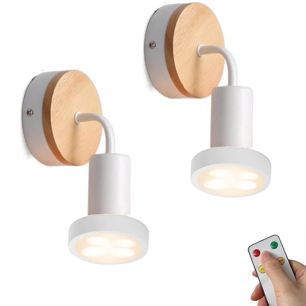 2 PCS Rechargeable USB Wall Sconce Lights Indoor Battery Operated Wall Light with Remote Control LED Bulbs Black White Rustic Wood Farmhouse Wall Mounted Lamp for Bedside Bedroom Headboard