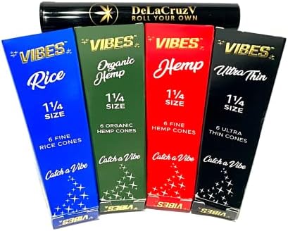 Vibes Pre-Rolled Cones 1 1/4 Bundle 4 items - 4 packs of 6 Cones per pack /24 cones total Plus DeLaCruzV tube.
