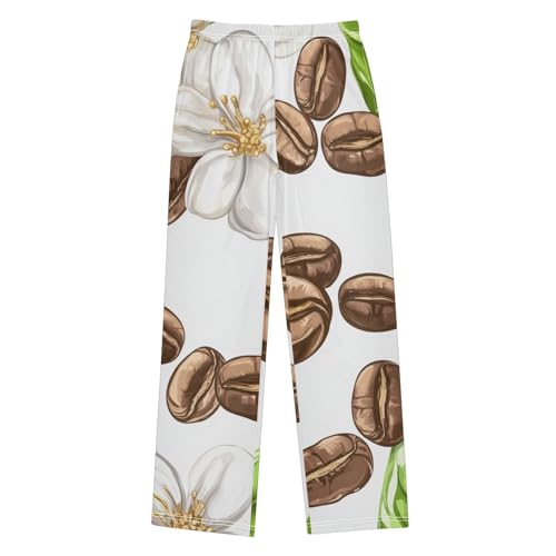 Coffee Bean and Floral Boys Long Pants Soft Trousers Elastic Waist Kids Lounge Bottoms with Pockets S-XL