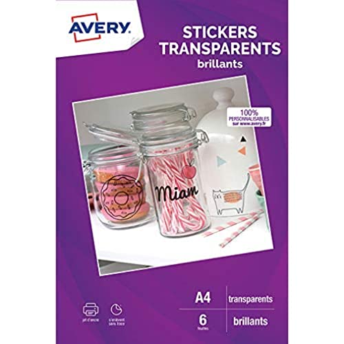 AVERY - Pochette de 6 stickers transparents, Personnalisables et imprimables, Format A4, Impression jet d'encre,