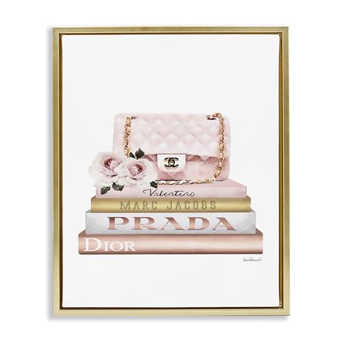 Image of Stupell Industries 'Pink Purse Gold Bookstack'| Floating Frame Canvas Art | Stupell Industries | Gold, 17 x 21 Inches, Easy to Hang and Sturdy, Made in USA, by Amanda Greenwood