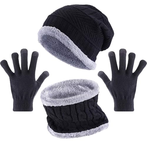 Tatuo 4 Pcs Winter Hat and Gloves Set Kid Boy Ski Warm Fleece Knit Beanie Cap Warmer Gloves Scarf for 5-14 Years Old Teen Boy(Black)