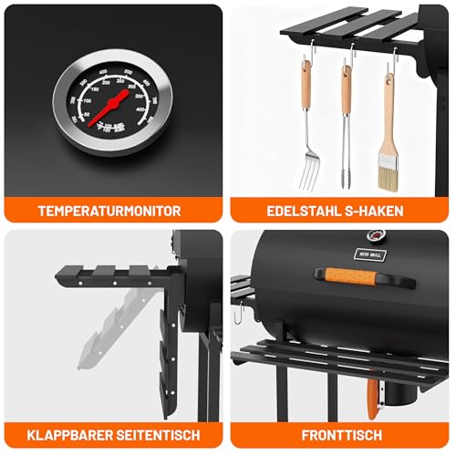 KEYO GRILL 29 Zoll Holzkohlegrill - 537 Sq In, Tonnenförmiger Grill mit Edelstahl Bratspieß & Zentrale Kohleschale. Ideal für Garten, Schuppen, Terrasse