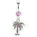 Palm Tree with Clear, Pink, or Aqua Gem - 14g 316L Stainless Steel Dangle Belly Navel Ring (Pink)