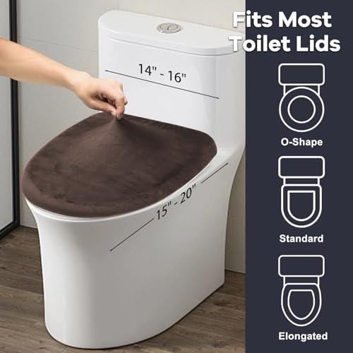 2pcs Toilet Lid Cover, Stretch Velvet Toilet Seat Cover for Bathroom, Ultra Soft Toilet Cover Luxury Velvet Machine Wash, Fits Most Round, Elongated and Oblong Lids, Bathroom Decor, Coffee