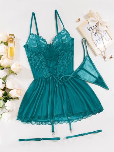 Image of Lilosy Sexy Garter Belt Mesh Lace Babydoll Lingerie Dress Set with Thong