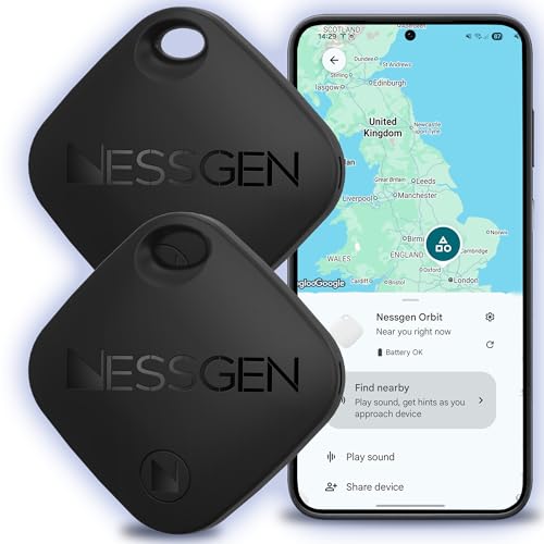 Android Tracker Tags (2-Pack) – Works with Google Find My Device | Bluetooth Smart Tag for Keys, Wallet, Pets, Luggage, Bike & Bags | Android-Only Item Locator with Free Case and Spare Battery | Black
