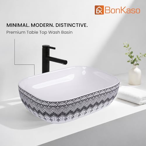 Image of Bonkaso Designer Ceramic Table Top Wash Basin | Madala Pattern Rectangular Countertop Vanity Sink | 45 x 32.5 x 13.5 cm | Premium Glossy Bathroom Basin
