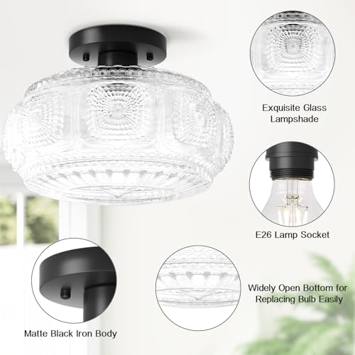 Image of 11 Inch Globe Glass Semi Flush Mount Ceiling Light Fixture, Black