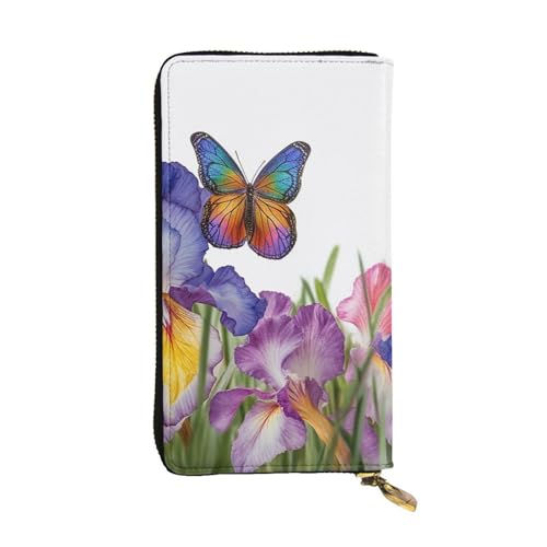Portefeuille long femme cuir grande capacite porte-carte et telephone motif iris