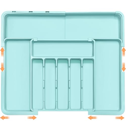 Silverware Organizer Expandable Kitchen Utensil Drawer Organizer Large BPA Free Adjustable Cutlery Silverware Tray for Spoons Forks Knives Storage Divider for Kitchen Flatware 6-9 Slots Turquoise