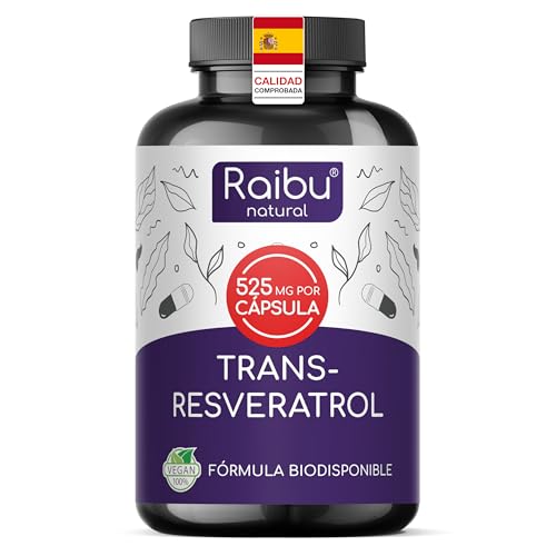 Resveratrol Alto en Dosis - 525 mg de Trans Resveratrol por Cápsula (de un 98% de Fallopia Japonica) - Máxima Absorción con Piperina - Vegano, Sin Aditivos - Antioxidante & Antiedad, 60 Cápsulas