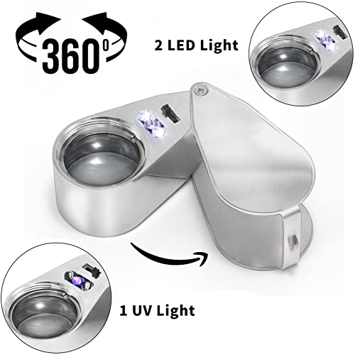 40X Full Metal Illuminated Jewelers Eye Loupe Magnifier, Small Pocket Folding Magnifying Glass Jewelry Loop With Led For Gems, Jewellery, Coins, Map, Stamps, Currency Detect, Elders Gift, 1'' Lens Dia #TOP1