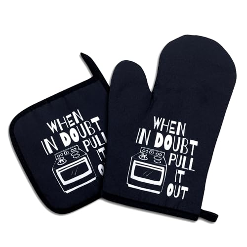 When in Doubt Pull It Out, Funny Oven Mitts and Pot Holders Set of 2, Silicone Non-Slip Kitchen Gift for Men Women, Cooking Baking BBQ, Housewarming