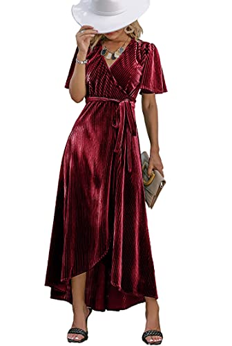 BerryGo Women's Formal Velvet Wrap Dress V Neck Cocktail Short Sleeve Swing Long Maxi Dress Wine Red M