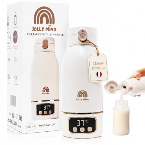 JOLLY MINO Chauffe biberon Nomade Portable Sans Fil 500 ml, Inox, Chauffe Lait Maternel & Eau, Auto-Pasteurisation, Voyage Voiture Nuit, Brosse Silicone Incluse
