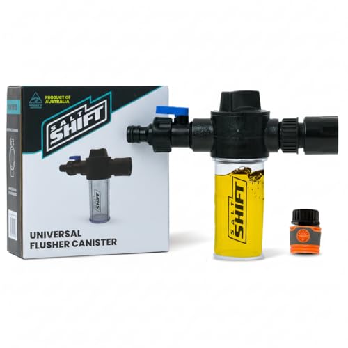 Salt Shift Universal Flusher Canister - Marine Engine Flush Adapter for Boats, Jet Skis, PWC, with 3 Flow Rate Settings, 100ml Capacity, Easy On/Off Valve, Durable Salt Remover Flushing, Mixer Tool