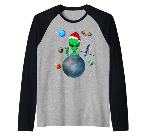 Christmas Alien Santa Peace Hand In Space Santa Hat Xmas Camiseta Manga Raglan
