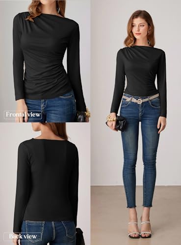 GRACE KARIN 2025 Womens Long Sleeve Wrap Ruched Tops Boat Neck Dressy Casual Blouses Fall Fitted Trendy Shirt2