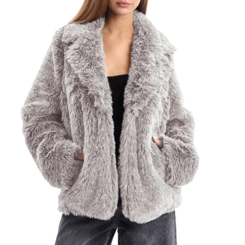 Amazhiyu Women's Faux Fur Lapel Coat Open Front Fluffy Jackets Winter Overcoat
