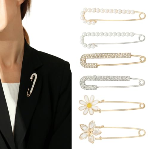 JYNXOR 6 Pezzi Spille Gioiello per Vestiti, Spilla da Donna Clip per Scialle Maglione Spille in Finto Cristallo e Perle, Spille da Balia, Spille da Balia Clip per Camicia da Donna, 6 Stili