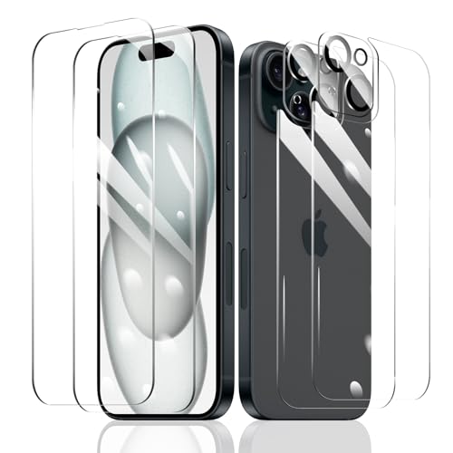 Fylnatc Pack of 2 Screen Protectors for iPhone 15 Plus 6.7 Inch + 2 Pieces Camera Protection + 2 Pieces Back Protective Film, Tempered Glass Protection, 9H Hardness, HD Clear Screen Protector,