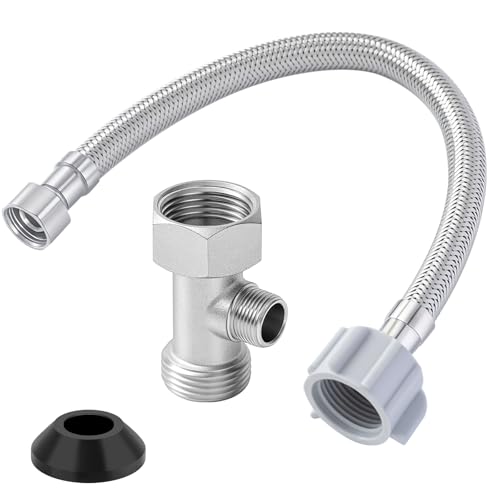 Blulu Bidet T Adapter, Metal T Valve for Bidet 7/8"x7/8"x3/8" with 12 Inch Flexible Toilet Connector, 3 Way Tee Connector Attachment for Toilet Bathroom