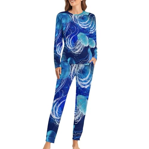 Pyjama femme bleu vêtement de nuit t-shirt manches longues pantalon sleepwear
