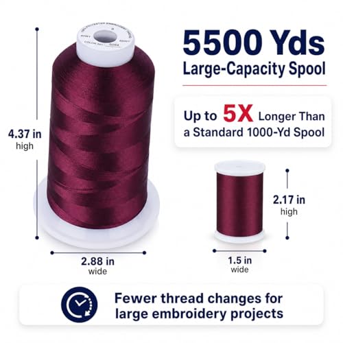 Image of Simthread 5500Yds 40WT Polyester Embroidery Thread Burgundy Cherry S084 | High-yardage 5000M spool offers smooth feeding and stable 40WT polyester thread for home and commercial embroidery machines.