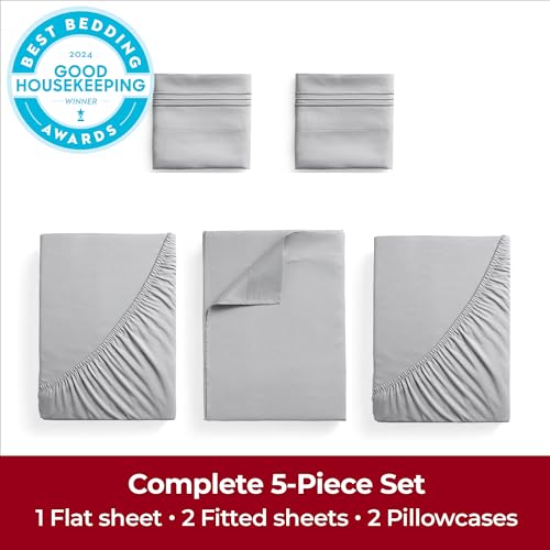 Image of Mellanni Extra Deep Split King Sheets - 5 PC Iconic Collection Bedding | Hotel Luxury, Ultra Soft, Cooling Bed Sheets - Wrinkle, Fade, Stain Resistant (Split King, Light Gray)
