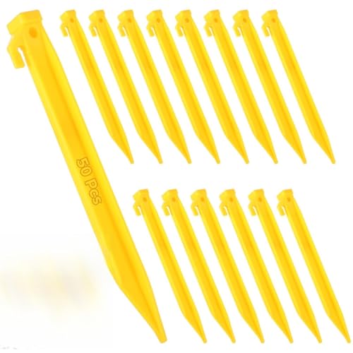 50 Pcs 9-Inch Triangular Tent Stakes, Heavy Duty Plastic Pegs for Secure Outdoor Use, Includes Hook for Ropes