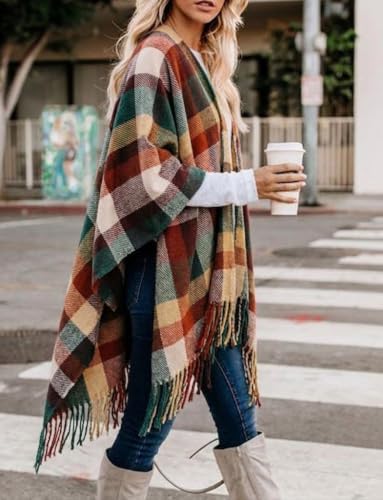 Image of Bestshe Women's Boho Open Front Poncho Plaid Shawl Wrap Cape