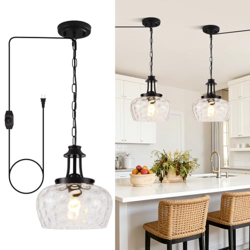 Image of Plug in Pendant Lights Kitchen Island, Modern Matte Black Pendant Light Fixtures with 10 inch Clear Hammered Glass Shade, Industrial Hanging Pendant Lights Fixture for Kitchen Island Dining Room Entryway