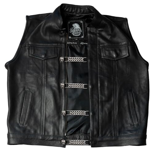 Iguana Custom - Custom Leder Biker Weste Extender mit Doppelkette und dekorative verchromte Metall Figur und mexikanischen Schädel Toggle Buttons