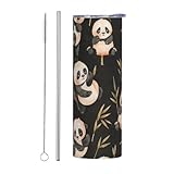 SMAZDFXX Niedlicher Panda- und Bambusbecher mit geradem Strohhalm (590 ml) aus Edelstahl mit Cartoon-Muster, isoliert