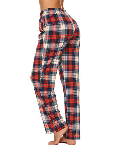 Image of Ekouaer Women Pajama Pants Comfy Pj Bottom with Pockets Stretch Plaid Sleepwear Blue and Red Plaid X-Large