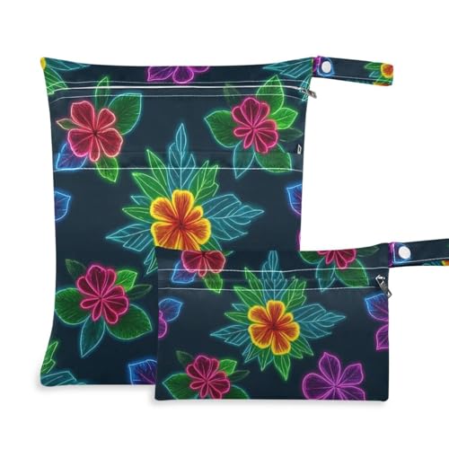 Image of Amooorous Colorful Fluorescent Neon Tropical Flowers waterproof bag for traveling 2 Pack travel essentials for baby with handles for daycare, beach