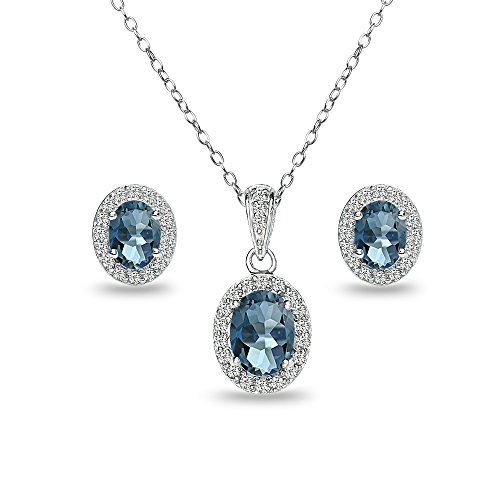 FEATURE - This jewelry set for women and girls displays an oval halo london blue topaz necklace pendant with matching stud earrings. The topaz pendant features an 8x6mm blue topaz gemstone surrounded by a halo of white topaz stones. The topaz studs feature 7x5mm blue topaz stones surrounded by white topaz accents. This pendant necklace & earring set should be an addition to your fine jewelry & topaz jewelry collection. It can be purchased as jewelry sets for women or jewelry set for teen girls.